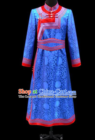 Chinese Traditional Mongol Ethnic National Blue Brocade Robe Mongolian Minority Folk Dance Costume for Men