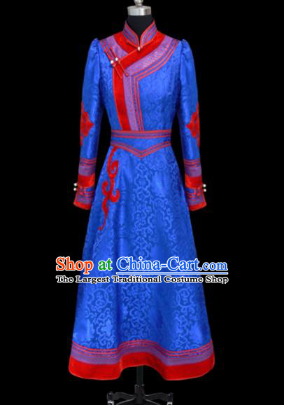 Traditional Chinese Mongol Ethnic National Royalblue Brocade Dress Mongolian Minority Folk Dance Costume for Women