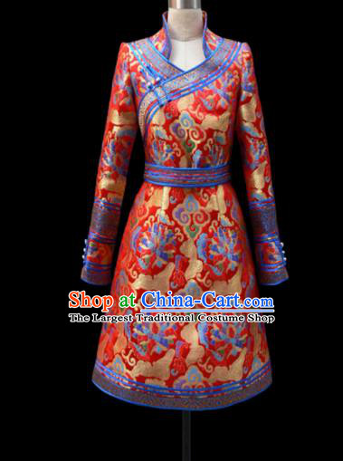 Traditional Chinese Mongol Ethnic National Red Brocade Dress Mongolian Minority Folk Dance Costume for Women