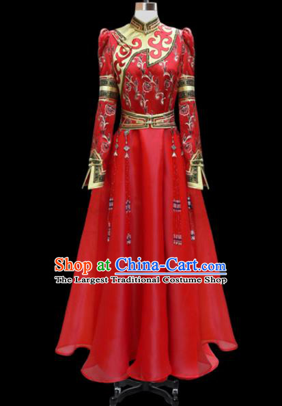 Traditional Chinese Mongol Ethnic National Red Long Dress Mongolian Minority Folk Dance Costume for Women