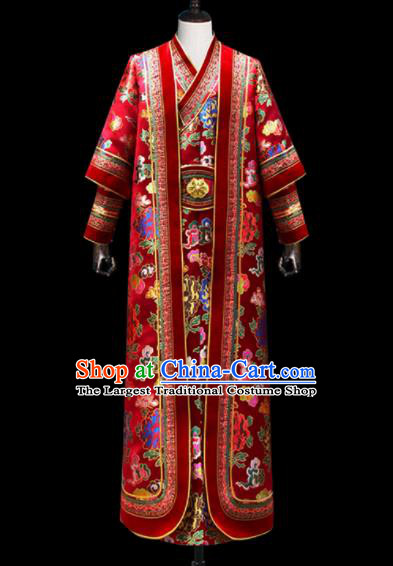 Chinese Traditional Mongol Ethnic National Wedding Red Brocade Robe Mongolian Minority Folk Dance Costume for Men