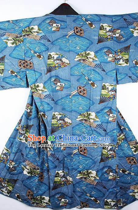 Japanese Traditional Printing Fans Blue Kimono Asian Japan National Costume for Men