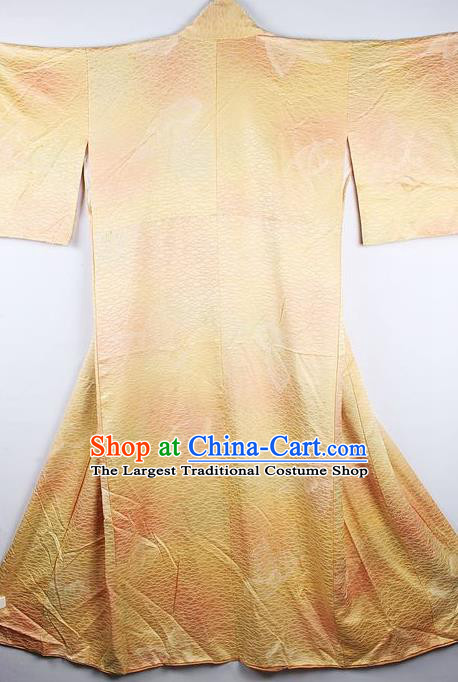 Japanese Traditional Yellow Furisode Kimono Asian Japan National Yukata Dress Costume for Women