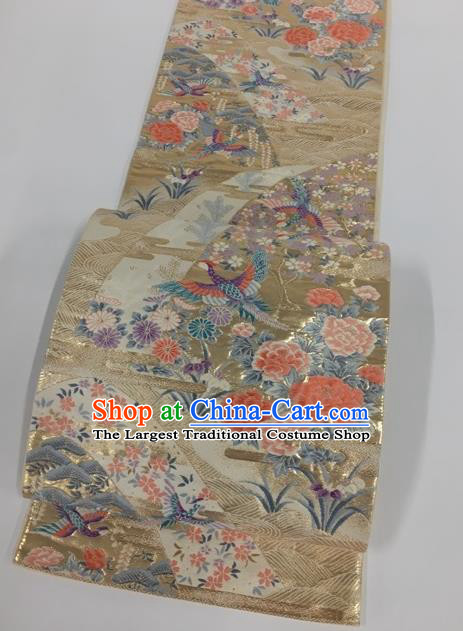 Japanese Traditional Kimono Classical Peony Chrysanthemum Pattern Golden Brocade Belt Asian Japan National Yukata Waistband for Women