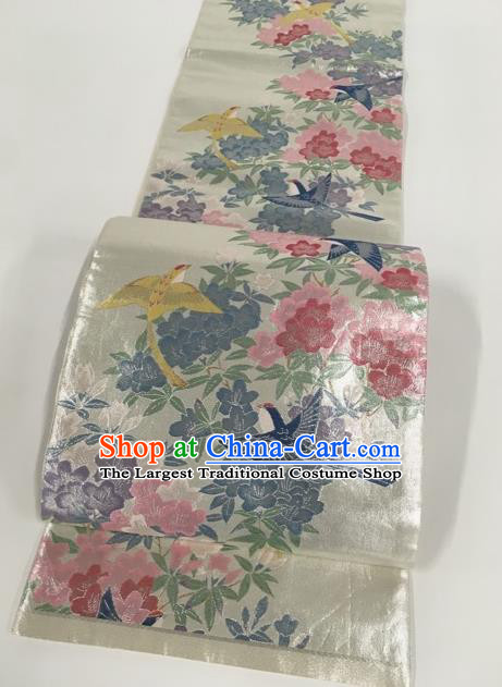 Japanese Traditional Kimono Classical Flowers Bird Pattern White Brocade Belt Asian Japan National Yukata Waistband for Women