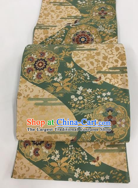 Japanese Kimono Classical Flowers Pattern Green Brocade Belt Asian Japan Traditional National Yukata Waistband for Women