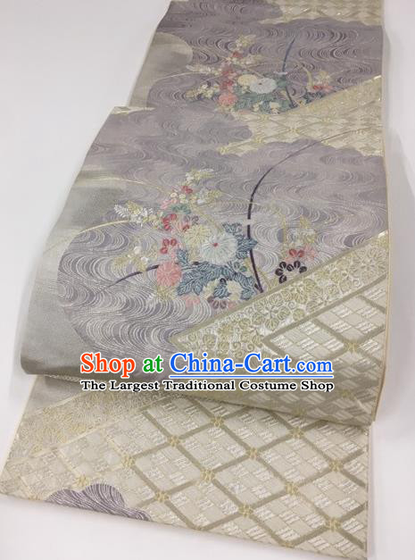 Japanese Kimono Classical Chrysanthemum Pattern White Brocade Belt Asian Japan Traditional National Yukata Waistband for Women