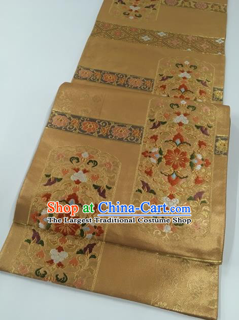 Japanese Kimono Classical Flowers Pattern Golden Brocade Belt Asian Japan Traditional National Yukata Waistband for Women