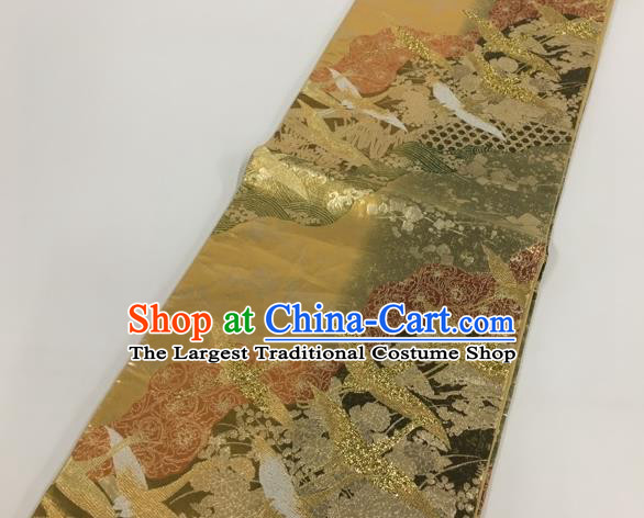 Japanese Kimono Classical Cranes Pattern Golden Brocade Belt Asian Japan Traditional National Yukata Waistband for Women