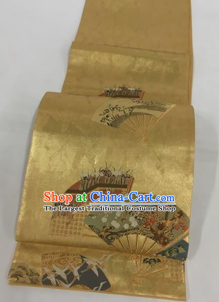 Japanese Kimono Classical Orchid Fan Pattern Golden Brocade Belt Asian Japan Traditional National Yukata Waistband for Women