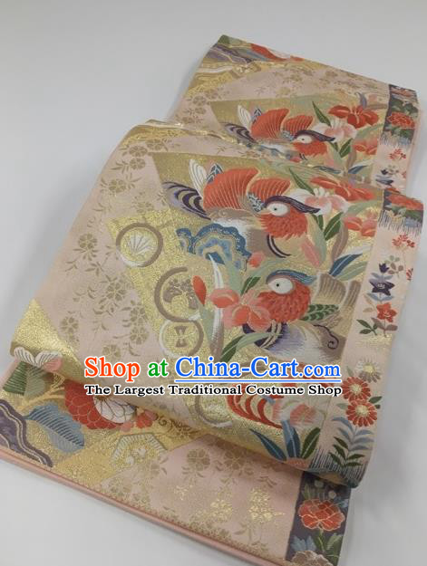 Japanese Kimono Classical Mandarin Duck Pattern Pink Brocade Belt Asian Japan Traditional National Yukata Waistband for Women