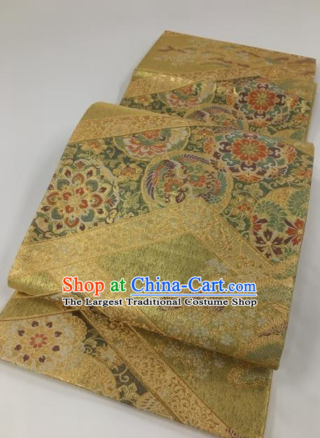 Japanese Kimono Classical Phoenix Pattern Light Golden Brocade Belt Asian Japan Traditional National Yukata Waistband for Women