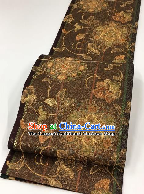 Japanese Kimono Classical Pattern Brown Brocade Belt Asian Japan Traditional National Yukata Waistband for Women