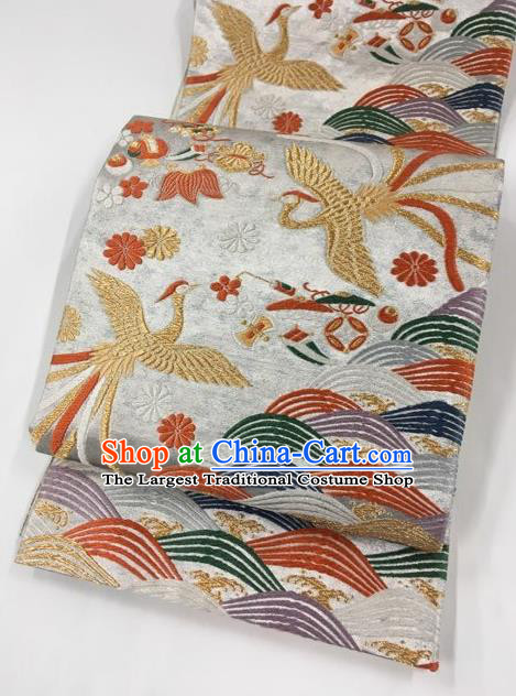 Japanese Kimono Classical Phoenix Pattern White Brocade Belt Asian Japan Traditional National Yukata Waistband for Women