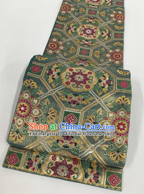 Japanese Kimono Classical Pattern Green Brocade Belt Asian Japan Traditional National Yukata Waistband for Women