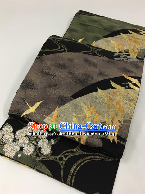 Japanese Kimono Classical Cranes Chrysanthemum Pattern Black Brocade Belt Asian Japan Traditional National Yukata Waistband for Women