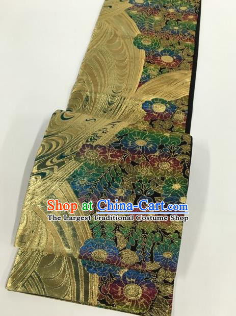 Japanese Kimono Classical Camellia Pattern Green Brocade Belt Asian Japan Traditional National Yukata Waistband for Women