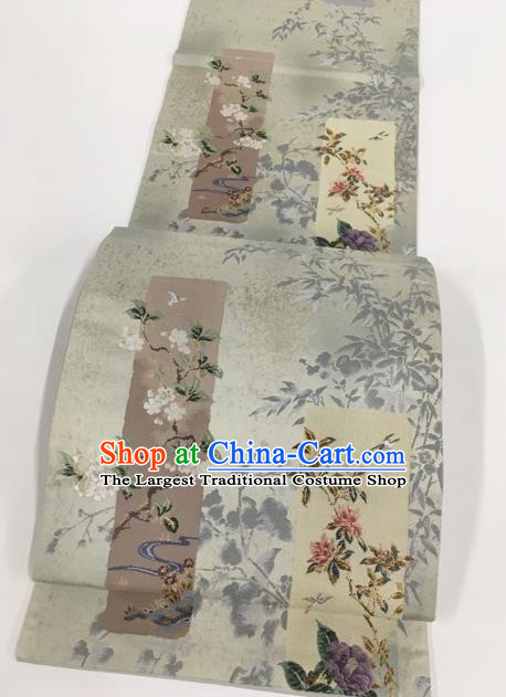 Japanese Kimono Classical Pear Flowers Pattern Grey Brocade Belt Asian Japan Traditional National Yukata Waistband for Women