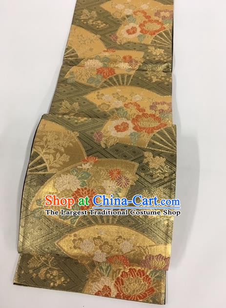 Japanese Kimono Classical Peony Fan Pattern Olive Green Brocade Belt Asian Japan Traditional National Yukata Waistband for Women