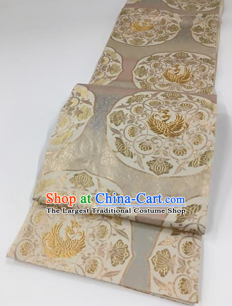 Japanese Kimono Classical Phoenix Pattern Champagne Brocade Belt Asian Japan Traditional National Yukata Waistband for Women