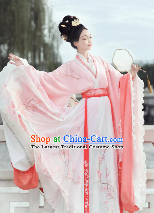 Ancient Chinese Jin Dynasty Court Princess Replica Costume Traditional Mythology Peri Pink Embroidered Hanfu Dress for Women