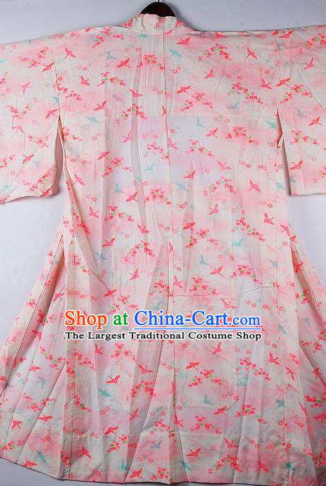 Japanese Traditional Ceremony Costume Printing Cranes Pink Furisode Kimono Asian Japan National Yukata Dress for Women