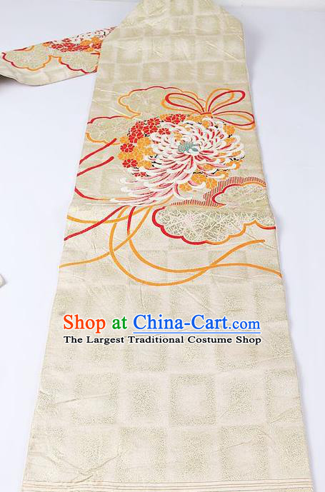 Japanese Kimono Classical Chrysanthemum Pattern Design Beige Brocade Belt Asian Japan Traditional National Yukata Waistband for Women