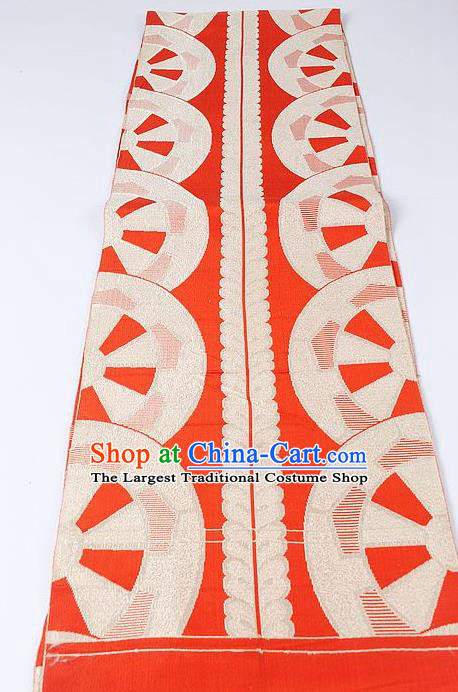 Japanese National Kimono Classical Wheel Pattern Design Red Brocade Belt Asian Japan Traditional Yukata Waistband for Women