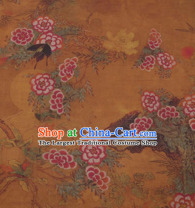 Traditional Chinese Yellow Gambiered Guangdong Gauze Classical Peony Butterfly Pattern Design Silk Fabric