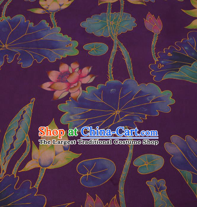 Traditional Chinese Purple Gambiered Guangdong Gauze Classical Lotus Pattern Design Silk Fabric