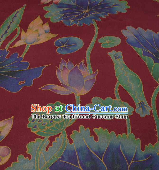 Traditional Chinese Wine Red Gambiered Guangdong Gauze Classical Lotus Pattern Design Silk Fabric