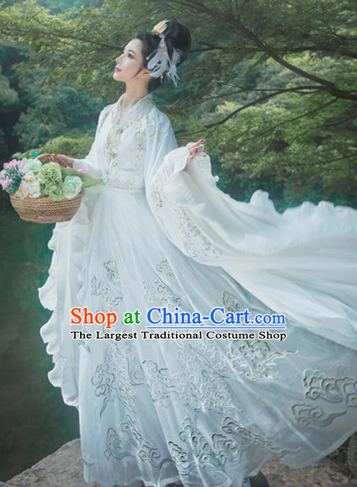 Ancient Chinese Mythology Goddess White Embroidered Hanfu Dress Traditional Jin Dynasty Imperial Consort Replica Costume for Women