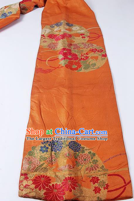 Japanese Ceremony Kimono Classical Chrysanthemum Peony Pattern Orange Brocade Belt Asian Japan Traditional Yukata Waistband for Women