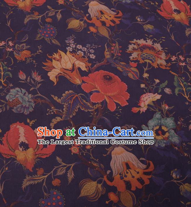 Traditional Chinese Classical Flowers Pattern Design Navy Gambiered Guangdong Gauze Asian Brocade Silk Fabric