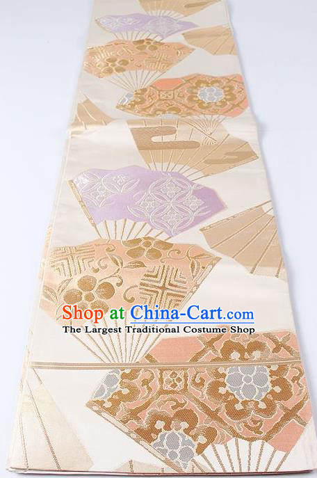 Japanese Kimono Accessories Classical Fan Pattern Beige Belt Asian Japan Traditional Ceremony Yukata Waistband for Women