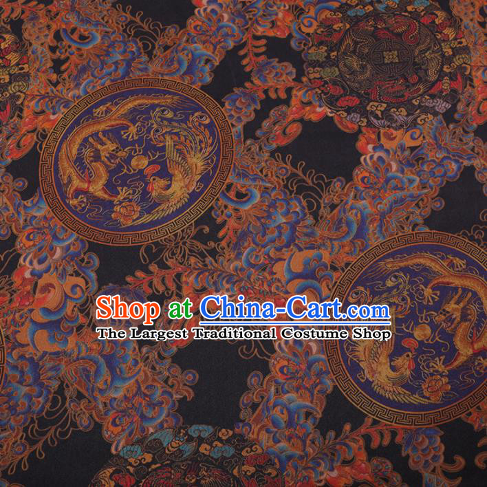 Traditional Chinese Classical Dragon Phoenix Pattern Design Black Gambiered Guangdong Gauze Asian Brocade Silk Fabric