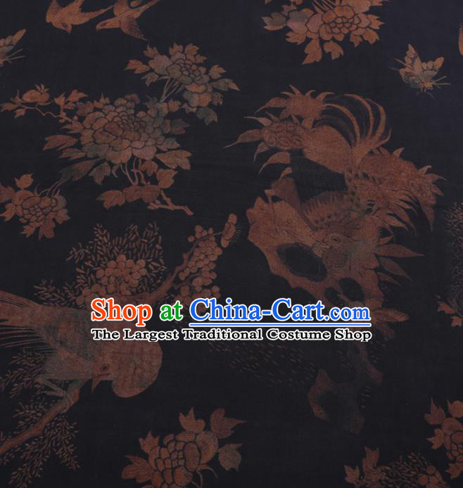 Traditional Chinese Classical Peacock Pattern Design Black Gambiered Guangdong Gauze Asian Brocade Silk Fabric