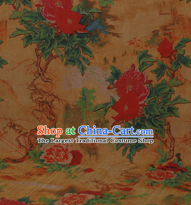 Traditional Chinese Classical Peony Pattern Design Yellow Gambiered Guangdong Gauze Asian Brocade Silk Fabric