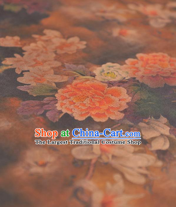 Chinese Traditional Classical Peony Pattern Design Brown Gambiered Guangdong Gauze Asian Brocade Silk Fabric