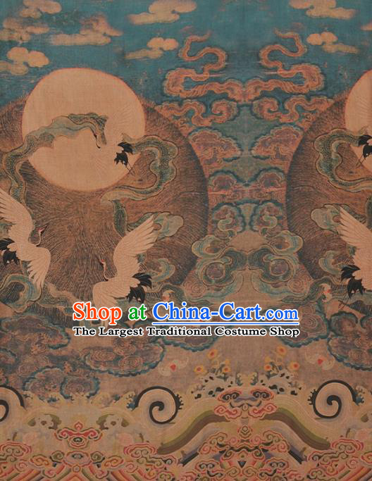 Chinese Traditional Classical Cranes Pattern Design Blue Gambiered Guangdong Gauze Asian Brocade Silk Fabric