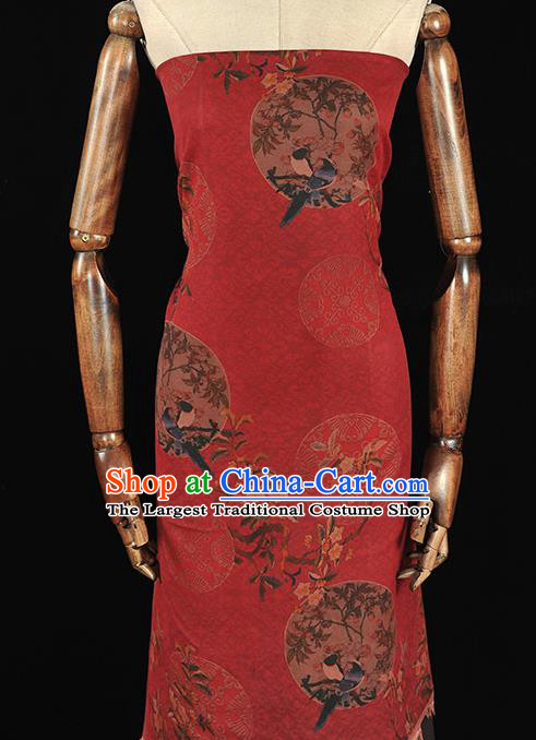 Chinese Traditional Magpie Pattern Design Red Gambiered Guangdong Gauze Asian Brocade Silk Fabric