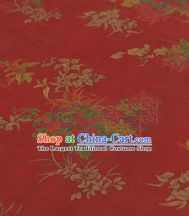 Chinese Traditional Orchid Pattern Design Red Gambiered Guangdong Gauze Asian Brocade Silk Fabric