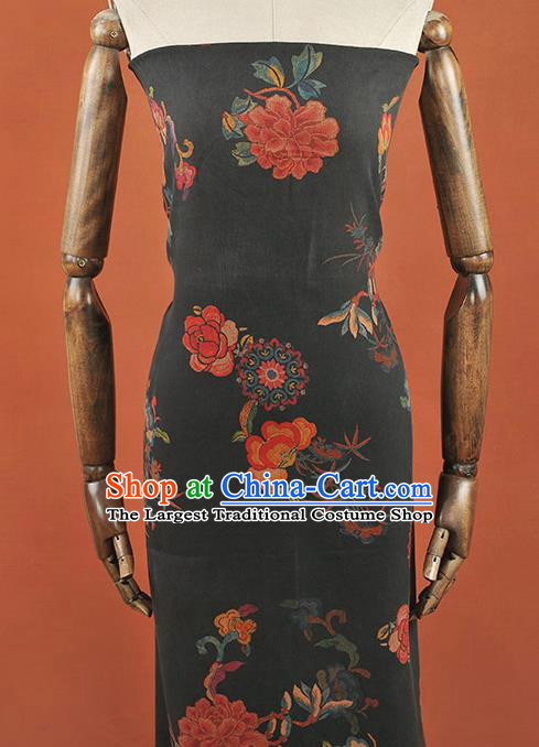 Chinese Traditional Peony Flowers Pattern Design Black Gambiered Guangdong Gauze Asian Brocade Silk Fabric