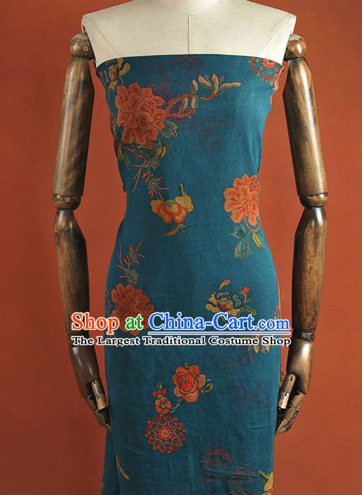 Chinese Traditional Peony Flowers Pattern Design Blue Gambiered Guangdong Gauze Asian Brocade Silk Fabric