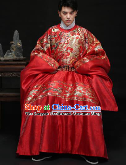 Chinese Ancient Ming Dynasty Bridegroom Hanfu Red Robe Traditional Wedding Embroidered Replica Costume for Men