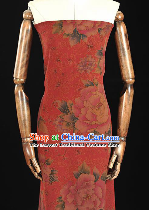 Chinese Traditional Peony Pattern Design Red Gambiered Guangdong Gauze Asian Brocade Silk Fabric