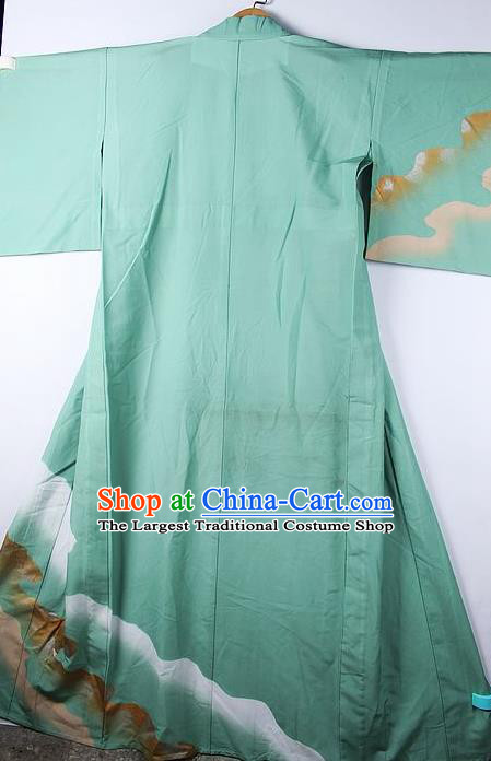 Asian Japanese Ceremony Printing Waves Green Kimono Traditional Japan National Yukata Costume for Men