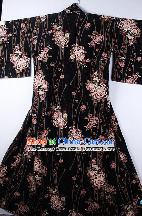 Asian Japanese Ceremony Printing Chrysanthemum Black Kimono Traditional Japan National Yukata Costume for Men