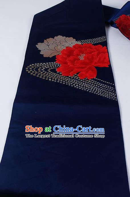 Asian Japanese Kimono Accessories Classical Peony Pattern Royalblue Brocade Belt Traditional Yukata Waistband for Women