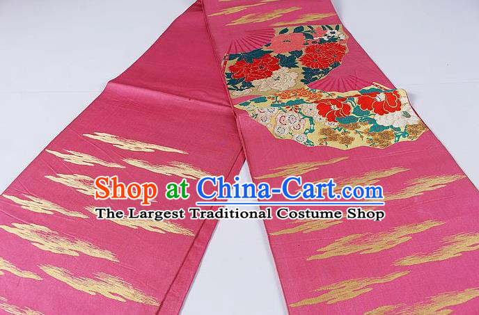 Asian Japanese Classical Peony Pattern Rosy Brocade Waistband Kimono Accessories Traditional Yukata Belt for Women